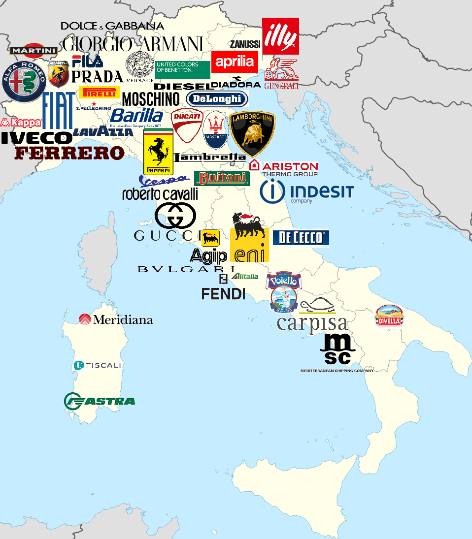 Map of Italy demonstrating Italian brands