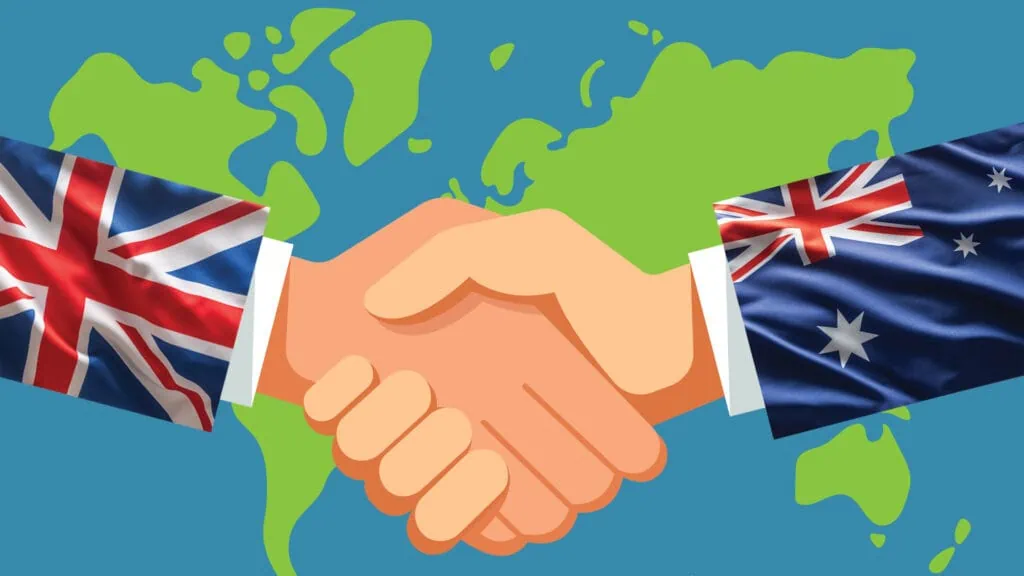 two shaking hands with Australian and English flags on their sleeves