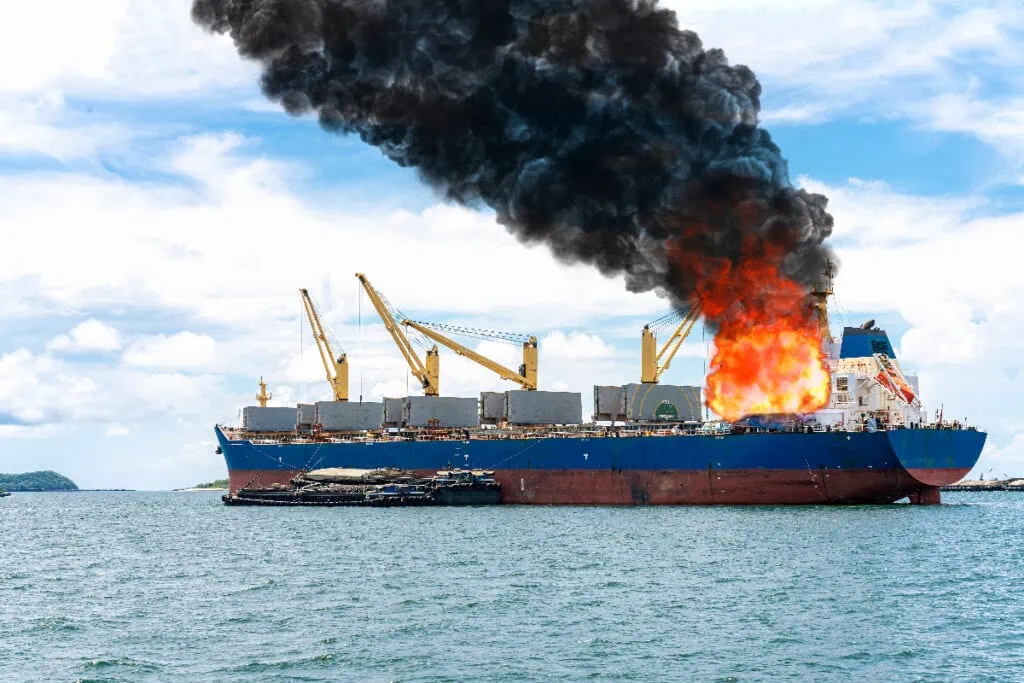 marine cargo on fire