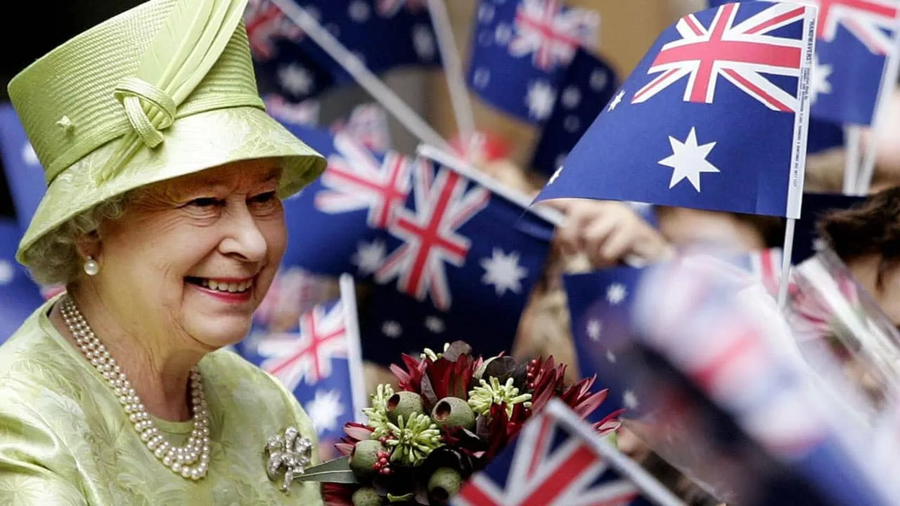 The Queen surrounded by Australian flags