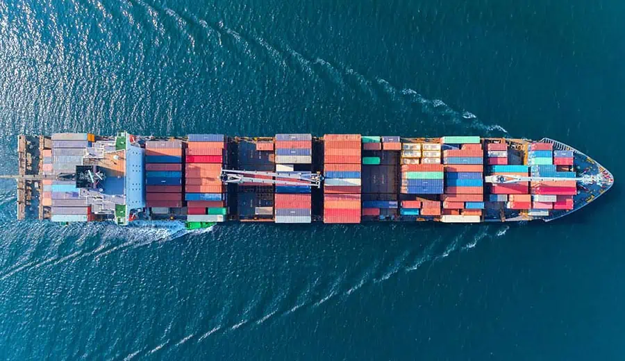 Ariel view of sea freight being shipped across the ocean