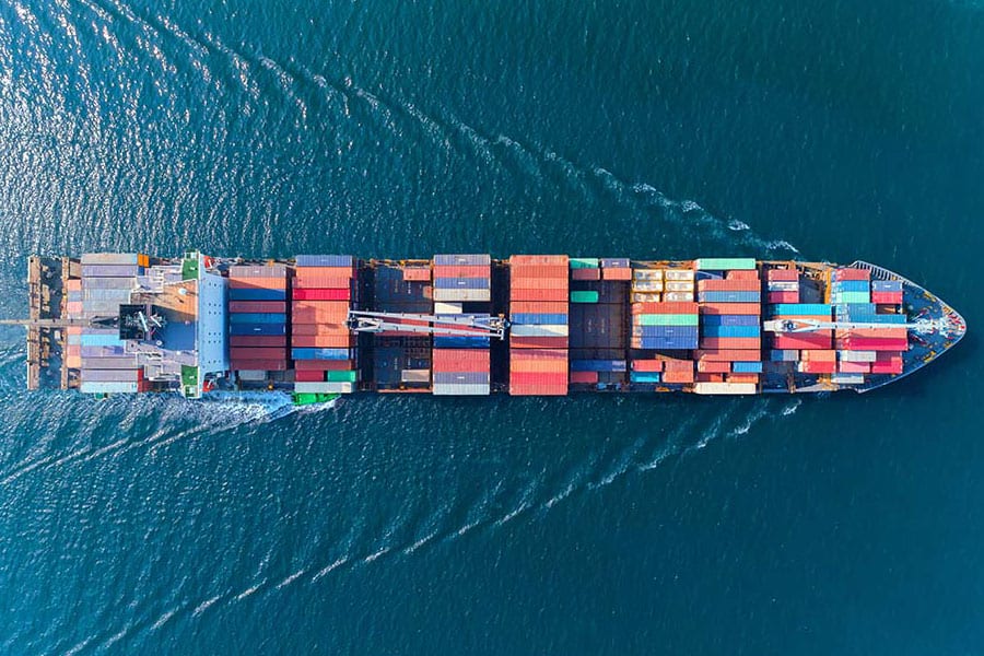 Ariel view of sea freight being shipped across the ocean
