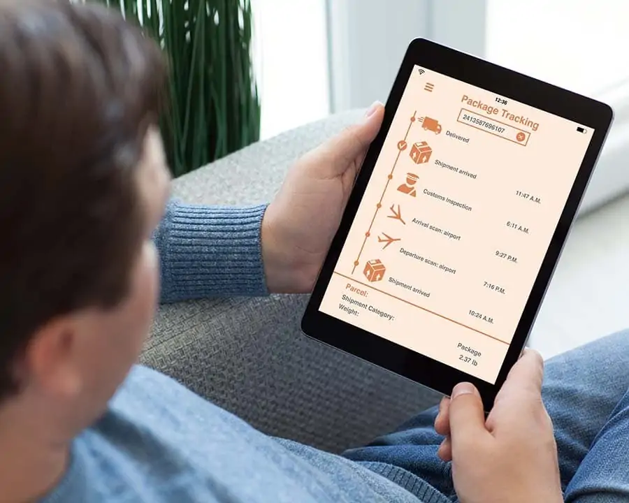 package track and trace app displayed on a tablet device