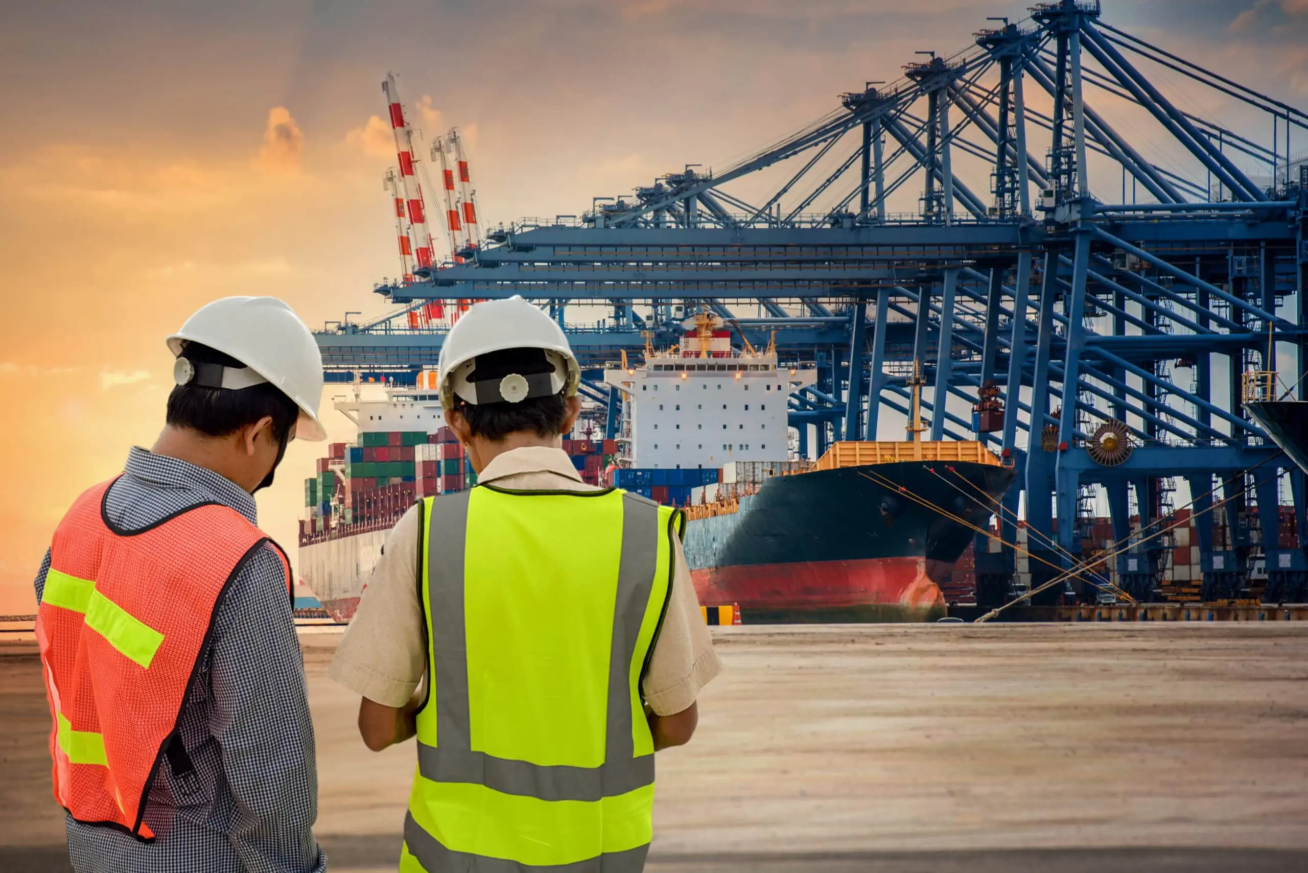 sea freight being checked in the port before shipping